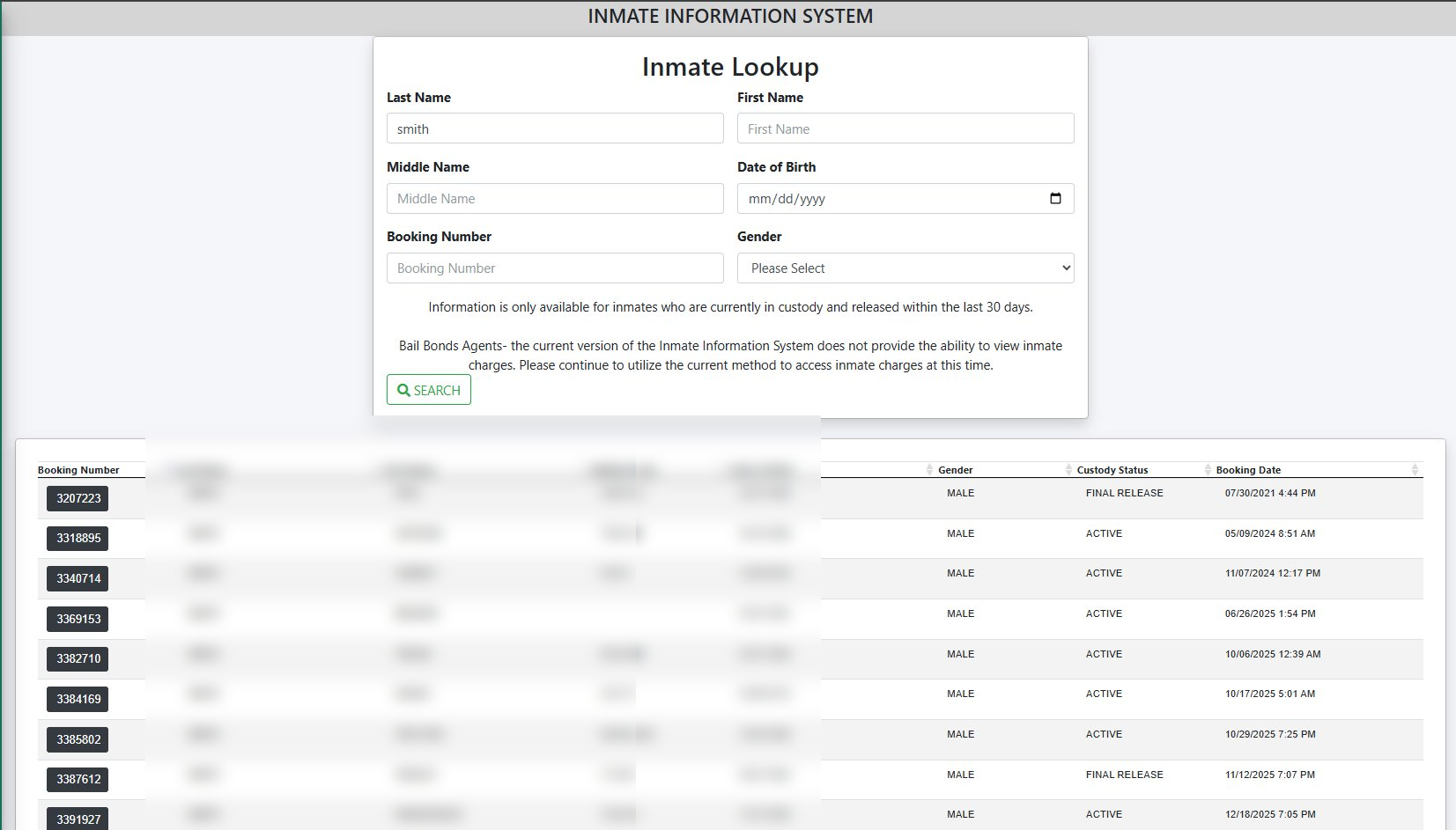 OCSD Inmate Information System search results — showing custody status, booking number and booking date columns